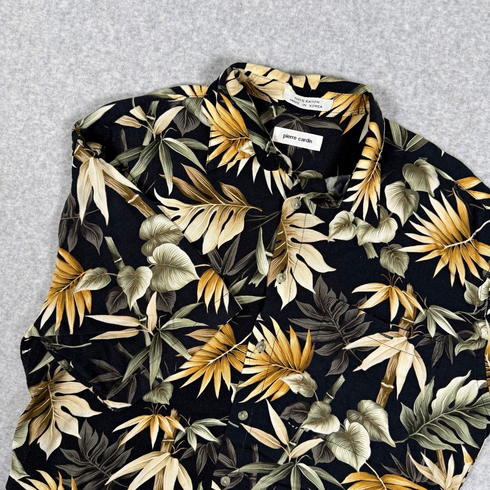 Pierre Cardin Mens Large Black Tropical Floral Hawaiian Rayon Button-Up Shirt